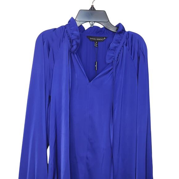 NEW Ming Wang Top Ruffled Tie Keyhole Neck Crepe De Chine Blouse Deep Sky Sz S - Picture 4 of 15